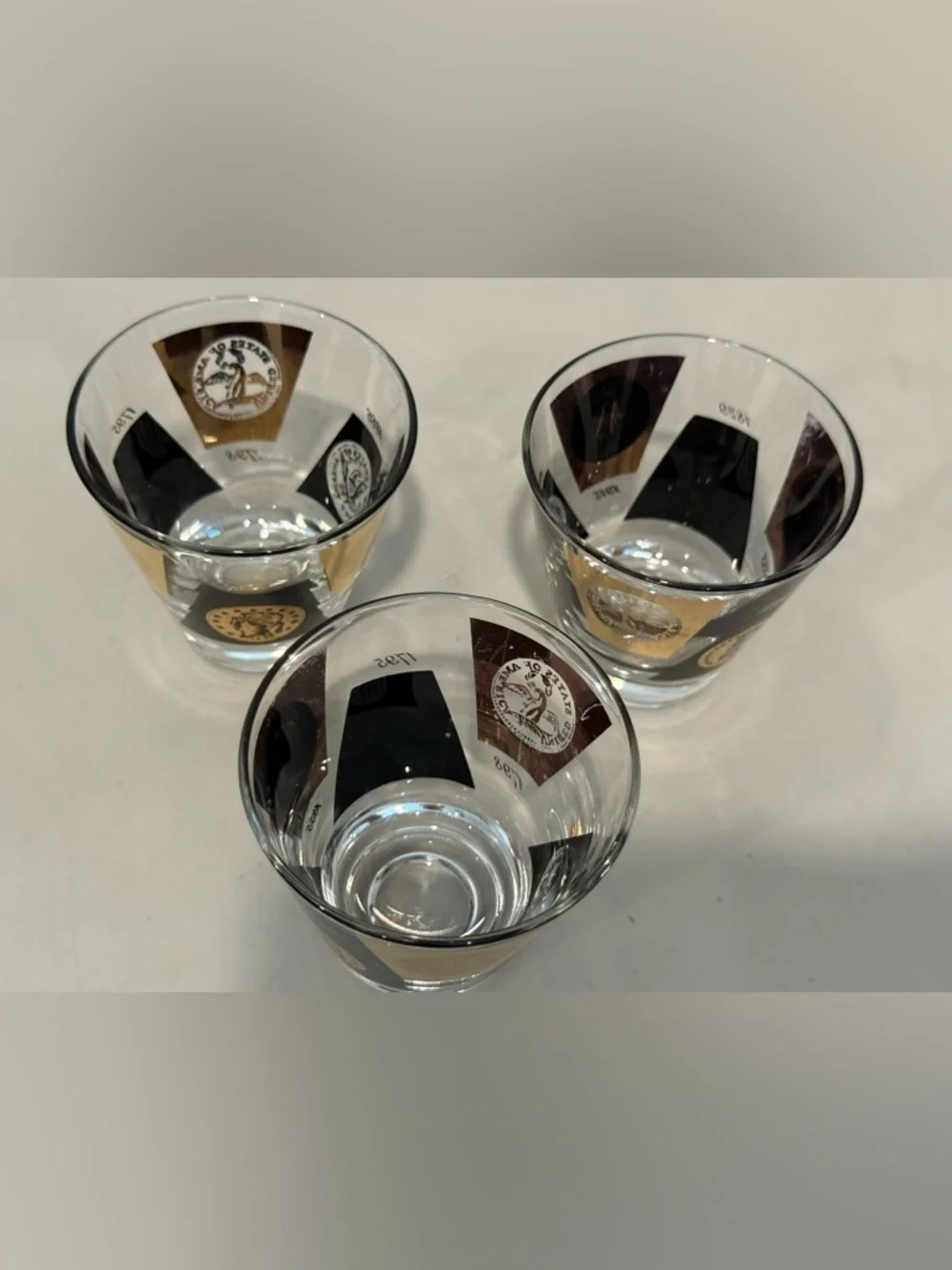 Set 3 Mid Century Cera Glass 22K Gold w/ Coin Emblem Design 